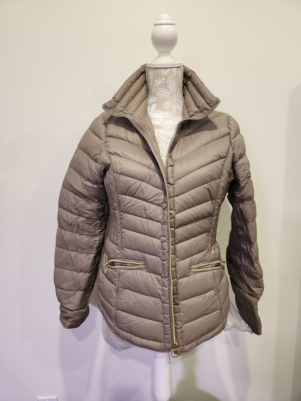 Michael Kors Taupe Quilted Puffer Jacket with Gold Hardware